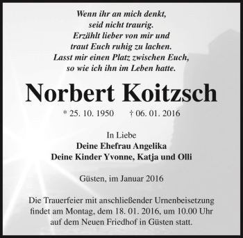 Traueranzeige von Norbert Koitzsch  von Magdeburger Volksstimme