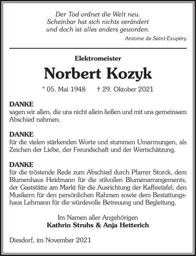  Traueranzeige für Norbert Kozyk  vom 13.11.2021 aus Magdeburger Volksstimme