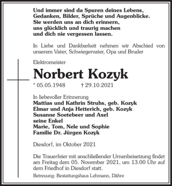 Traueranzeige von Norbert Kozyk  von Magdeburger Volksstimme