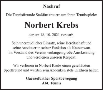 Traueranzeige von Norbert Krebs  von Magdeburger Volksstimme