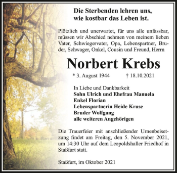 Traueranzeige von Norbert Krebs  von Magdeburger Volksstimme