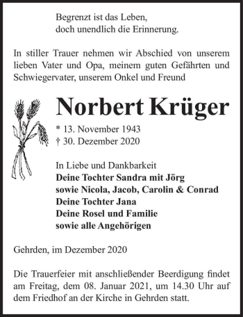 Traueranzeige von Norbert Krüger  von Magdeburger Volksstimme