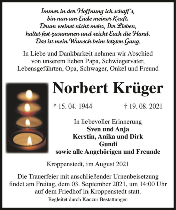 Traueranzeige von Norbert Krüger  von Magdeburger Volksstimme