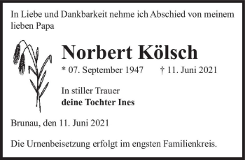 Traueranzeige von Norbert Kölsch  von Magdeburger Volksstimme