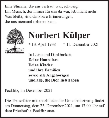 Traueranzeige von Norbert Külper  von Magdeburger Volksstimme
