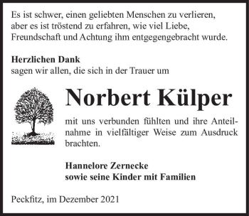 Traueranzeige von Norbert Külper  von Magdeburger Volksstimme