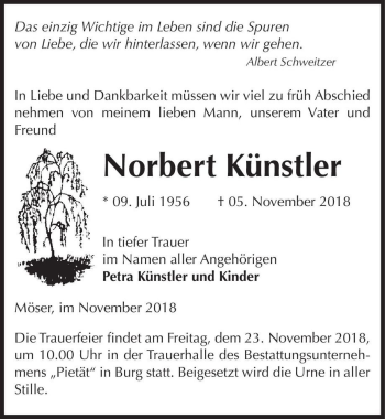 Traueranzeige von Norbert Künstler  von Magdeburger Volksstimme