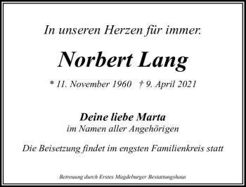 Traueranzeige von Norbert Lang  von Magdeburger Volksstimme