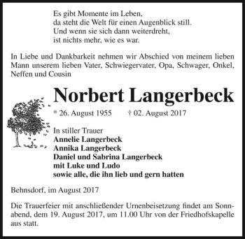 Traueranzeige von Norbert Langerbeck  von Magdeburger Volksstimme