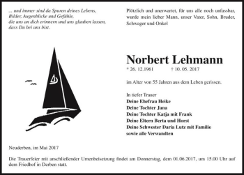 Traueranzeige von Norbert Lehmann  von Magdeburger Volksstimme