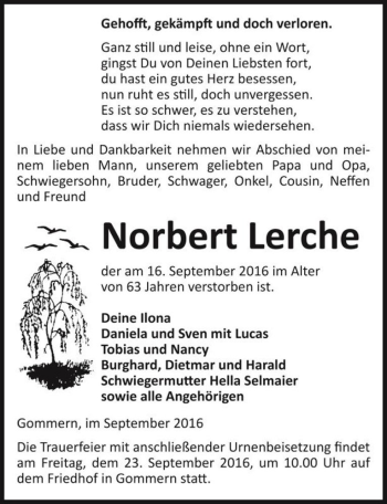 Traueranzeige von Norbert Lerche  von Magdeburger Volksstimme