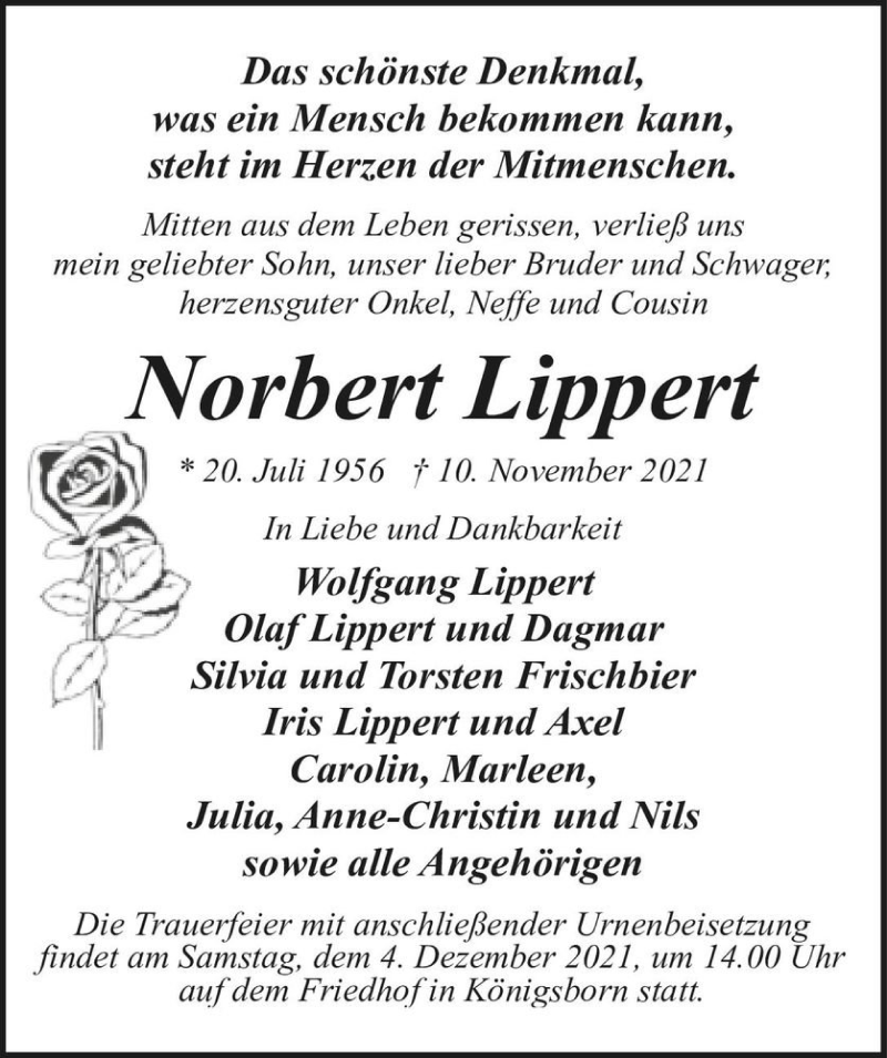  Traueranzeige für Norbert Lippert  vom 20.11.2021 aus Magdeburger Volksstimme