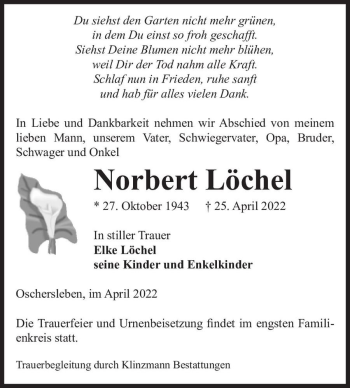 Traueranzeige von Norbert Löchel  von Magdeburger Volksstimme