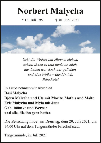 Traueranzeige von Norbert Malycha  von Magdeburger Volksstimme