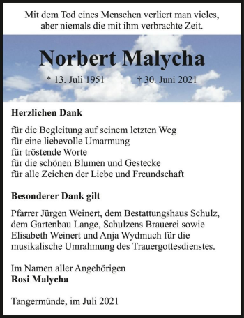 Traueranzeige von Norbert Malycha  von Magdeburger Volksstimme