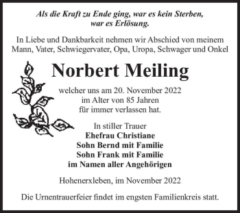 Traueranzeige von Norbert Meiling  von Magdeburger Volksstimme