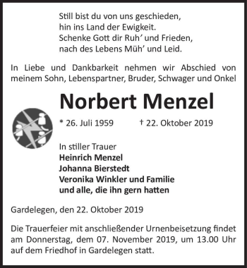 Traueranzeige von Norbert Menzel  von Magdeburger Volksstimme
