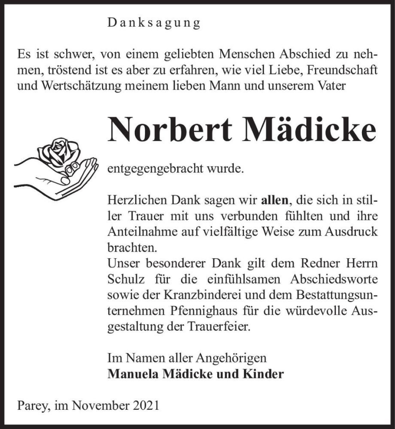  Traueranzeige für Norbert Mädicke  vom 06.11.2021 aus Magdeburger Volksstimme