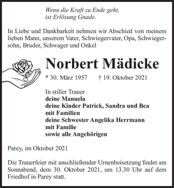 Traueranzeige von Norbert Mädicke  von Magdeburger Volksstimme