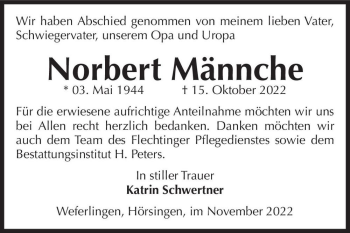 Traueranzeige von Norbert Männche  von Magdeburger Volksstimme