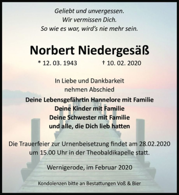 Traueranzeige von Norbert Niedergesäß  von Magdeburger Volksstimme