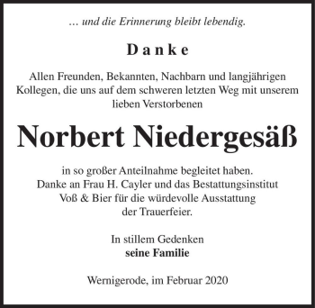 Traueranzeige von Norbert Niedergesäß  von Magdeburger Volksstimme