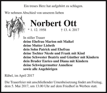 Traueranzeige von Norbert Ott  von Magdeburger Volksstimme