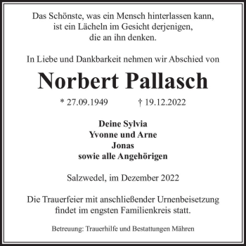 Traueranzeige von Norbert Pallasch  von Magdeburger Volksstimme