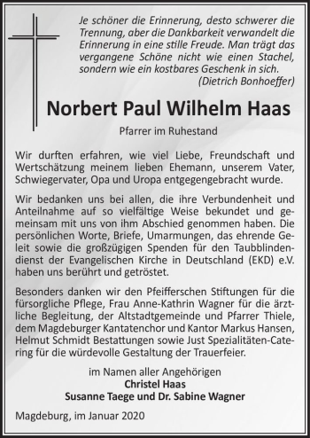 Traueranzeige von Norbert Paul Wilhelm Haas  von Magdeburger Volksstimme