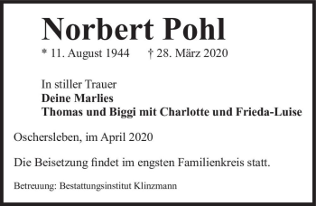 Traueranzeige von Norbert Pohl  von Magdeburger Volksstimme