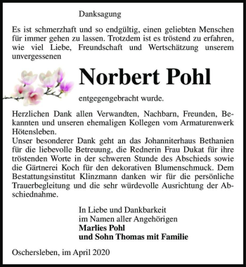 Traueranzeige von Norbert Pohl  von Magdeburger Volksstimme
