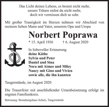 Traueranzeige von Norbert Poprawa  von Magdeburger Volksstimme