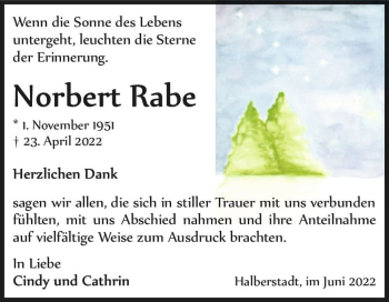 Traueranzeige von Norbert Rabe  von Magdeburger Volksstimme