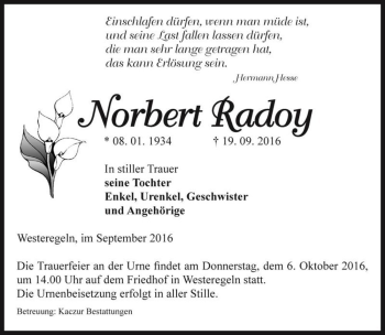 Traueranzeige von Norbert Radoy  von Magdeburger Volksstimme