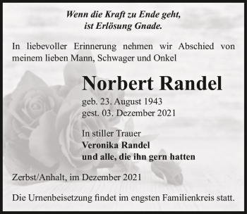 Traueranzeige von Norbert Randel  von Magdeburger Volksstimme