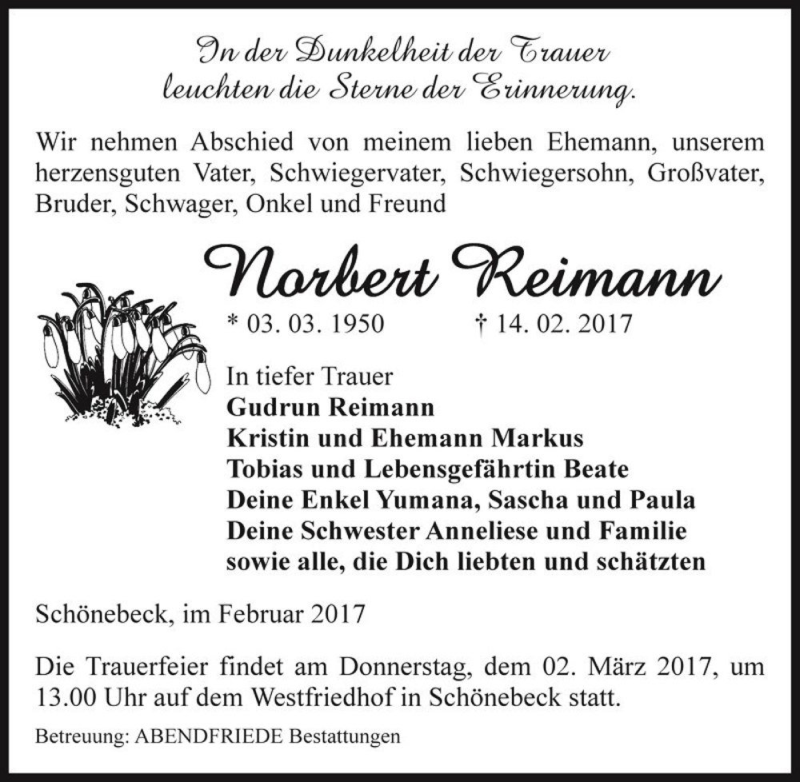  Traueranzeige für Norbert Reimann  vom 18.02.2017 aus Magdeburger Volksstimme