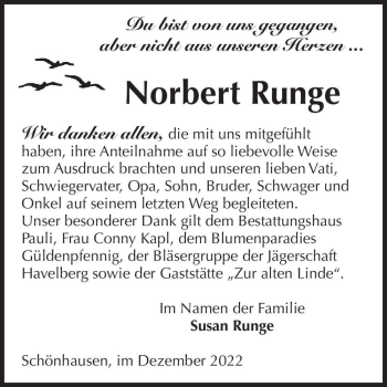 Traueranzeige von Norbert Runge  von Magdeburger Volksstimme