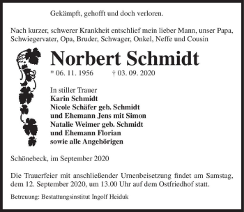 Traueranzeige von Norbert Schmidt  von Magdeburger Volksstimme