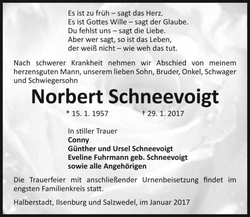  Traueranzeige für Norbert Schneevoigt  vom 02.02.2017 aus Magdeburger Volksstimme