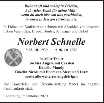 Traueranzeige von Norbert Schnelle  von Magdeburger Volksstimme