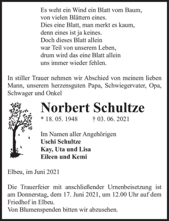 Traueranzeige von Norbert Schultze  von Magdeburger Volksstimme
