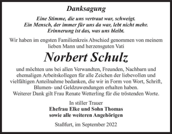 Traueranzeige von Norbert Schulz  von Magdeburger Volksstimme