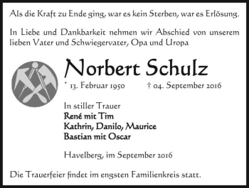 Traueranzeige von Norbert Schulz  von Magdeburger Volksstimme