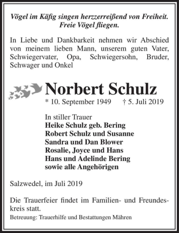 Traueranzeige von Norbert Schulz  von Magdeburger Volksstimme
