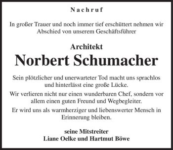 Traueranzeige von Norbert Schumacher  von Magdeburger Volksstimme