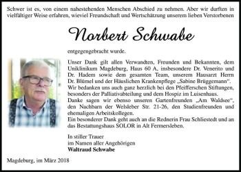 Traueranzeige von Norbert Schwabe  von Magdeburger Volksstimme