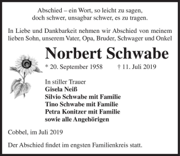 Traueranzeige von Norbert Schwabe  von Magdeburger Volksstimme