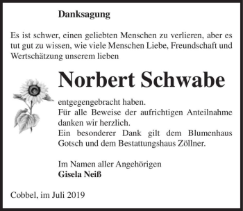 Traueranzeige von Norbert Schwabe  von Magdeburger Volksstimme
