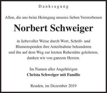 Traueranzeige von Norbert Schweiger  von Magdeburger Volksstimme