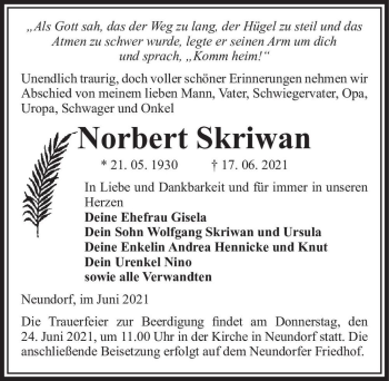 Traueranzeige von Norbert Skriwan  von Magdeburger Volksstimme